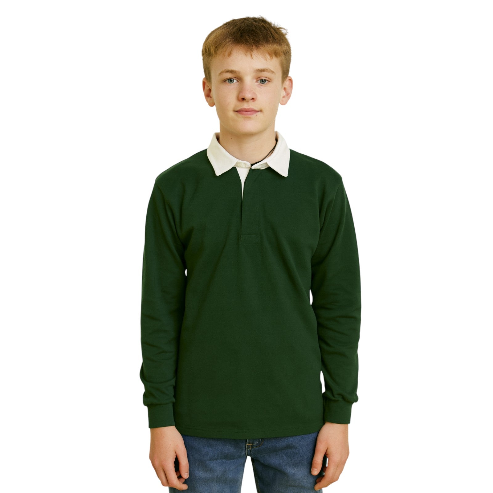 Classic rugby-style polo top for kids, long sleeves perfect for teams and schools in forest green